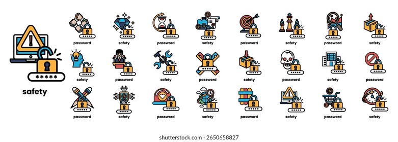 Una colección de iconos para la seguridad y la protección. Los iconos incluyen una llave, una cerradura, un diamante, un coche, una persona, un reloj, una computadora, un camión, una persona con una llave inglesa, una persona con un martillo