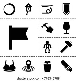Collection icons. set of 13 editable filled collection icons such as straight hair, sport bra, map location, saw, plant in pot, robot, flag, loading, pendulum, shield
