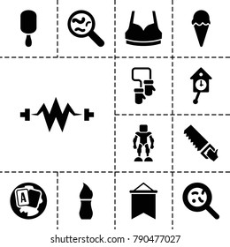 Collection icons. set of 13 editable filled collection icons such as sport bra, saw, ice cream on stick, bacteria, electricity, flag, ice cream, pendulum, baby mitten, brush