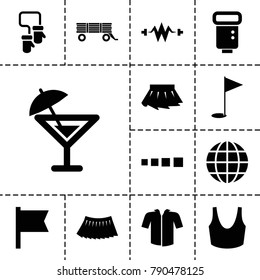 Collection icons. set of 13 editable filled collection icons such as sport bra, skirt, electricity, globe, flag, loading, camera flash, gold flag, cocktail, barrow