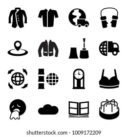 Collection icons. set of 16 editable filled collection icons such as sport bra, jacket, mittens, international delivery, vomiting emot, globe, internet, photo album, cloud