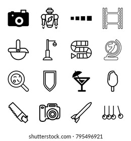 Collection icons. set of 16 editable filled and outline collection icons such as camera, loading, cocktail, saw, cradle, dice game, street lamp, bacteria, robot, ice cream