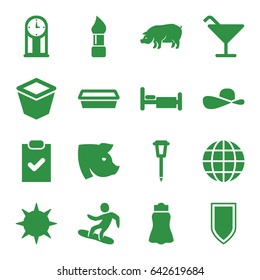 Collection icons set. set of 16 collection filled icons such as pig, brush, cocktail, skirt, pot for plants, street lamp, bed, snowboard, sun, sun hat, pendulum, shield, globe