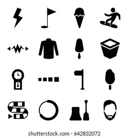 Collection icons set. set of 16 collection filled icons such as man hairstyle, nail polish, sweater, ice cream on stick, pot for plants, flash, snowboard, gold flag, ice cream
