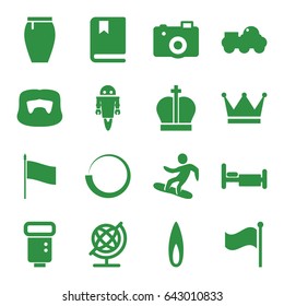 Collection icons set. set of 16 collection filled icons such as globe, man hairstyle, skirt, bed, camera, flag, camera flash, flame, snowboard, book, robot, crown