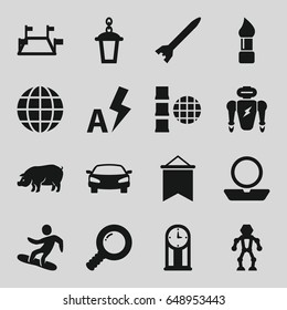 Collection icons set. set of 16 collection filled icons such as pig, brush, powder, street lamp, auto flash, car, snowboard, pendulum, rocket bomb, globe, locations, search
