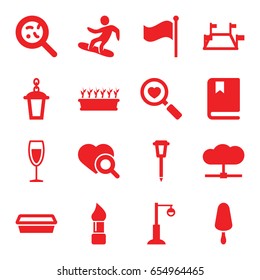 Collection icons set. set of 16 collection filled icons such as brush, ice cream on stick, pot for plants, plant in pot, street lamp, heart search, bacteria, flag, wine glass