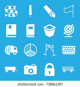 Collection icons set. set of 16 collection filled and outline icons such as barrow, lock, globe, saw, ice cream on stick, pot for plants, camera, photo album, book, flag
