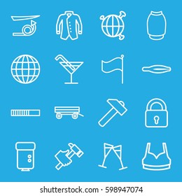 collection icons set. Set of 16 collection outline icons such as barrow, lock, tweezers, straight hair, Cocktail, sport bra, skirt, jacket, hummer, flag, wine glass