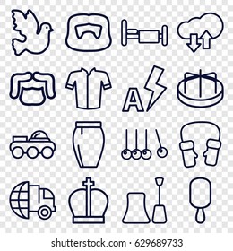 Collection icons set. set of 16 collection outline icons such as child playground carousel, man hairstyle, nail polish, jacket, skirt, mittens, ice cream on stick, bed
