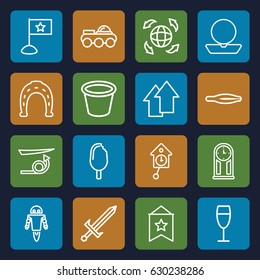 Collection icons set. set of 16 collection outline icons such as tweezers, straight hair, powder, horseshoe, pot for plants, globe, wine glass, arrow up, ice cream, robot