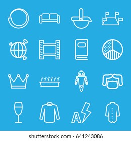 Collection icons set. set of 16 collection outline icons such as sofa, man hairstyle, sweater, jacket, plant in pot, wine glass, photo album, auto flash, brightness, robot