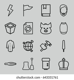 Collection icons set. set of 16 collection outline icons such as pig, tweezers, man hairstyle, nail polish, skirt, jacket, reload, hummer, ice cream on stick, pot for plants