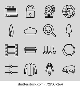 Collection icons set. set of 16 collection outline icons such as pig, opened lock, globe, jacket, ice cream on stick, pot for plants, bacteria, cloud, flame, sun, robot, arrow