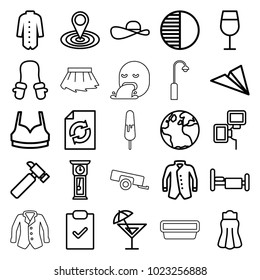 Collection icons. set of 25 editable outline collection icons such as globe, baby mitten, cocktail, sport bra, skirt, jacket, reload, map location, hummer, bed, paper plane