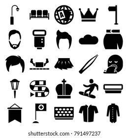 Collection icons. set of 25 editable filled collection icons such as sofa, man hairstyle, globe, jacket, skirt, dice game, flag, pot for plants, camera flash, cloud, snowboard