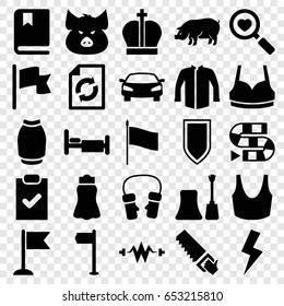 Collection icons set. set of 25 collection filled icons such as pig, nail polish, sport bra, jacket, skirt, mittens, reload, saw, bed, flag, heart search, flash, car, book