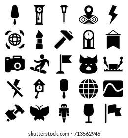 Collection icons set. set of 25 collection filled icons such as pig, brush, cocktail, map location, hummer, ice cream on stick, street lamp, flag, globe, flash, no flash