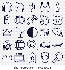 Collection icons set. set of 25 collection outline icons such as pig, child playground carousel, man hairstyle, straight hair, cocktail, sport bra, jacket, hummer