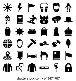 Collection icons set. set of 36 collection filled icons such as pig, lock, man hairstyle, hat, sweater, jacket, skirt, mittens, map location, hummer, bed, wine glass