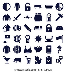 Collection icons set. set of 36 collection filled icons such as barrow, pig, sofa, lock, opened lock, cocktail, sport bra, sweater, skirt, jacket, hummer, saw, pot for plants