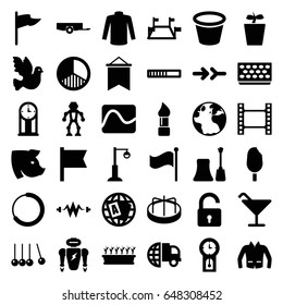 Collection icons set. set of 36 collection filled icons such as barrow, pig, globe, opened lock, child playground carousel, brush, nail polish, cocktail, sweater, jacket