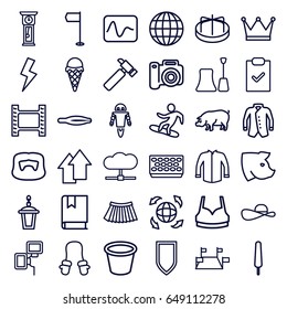 Collection icons set. set of 36 collection outline icons such as pig, child playground carousel, baby mitten, tweezers, man hairstyle, nail polish, sport bra, jacket, skirt