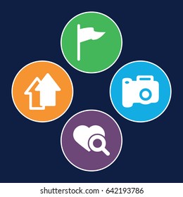 Collection icons set. set of 4 collection filled icons such as heart search, arrow up, camera