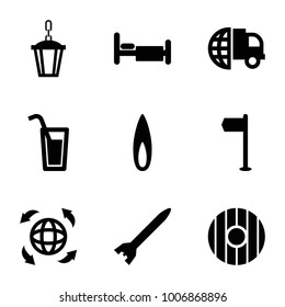 Collection icons. set of 9 editable filled collection icons such as international delivery, flag, bed, globe, flame, cocktail, shield, rocket bomb