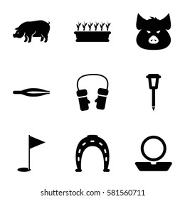 collection icons set. Set of 9 collection filled icons such as pig, tweezers, powder, Horseshoe, mittens, plant in pot, street lamp