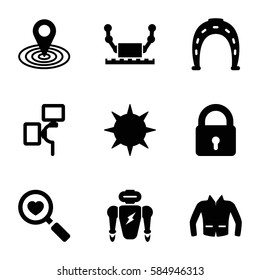 collection icons set. Set of 9 collection filled icons such as lock, Horseshoe, jacket, map location, heart search, camera flash, sun