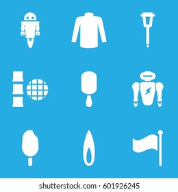 collection icons set. Set of 9 collection filled icons such as sweater, ice cream on stick, street lamp, flag, flame, ice cream, robot