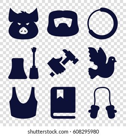 Collection icons set. set of 9 collection filled icons such as pig, baby mitten, man hairstyle, nail polish, sport bra, hummer, book, bird