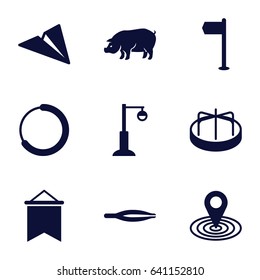 Collection icons set. set of 9 collection filled icons such as pig, child playground carousel, tweezers, map location, street lamp, flag, paper plane