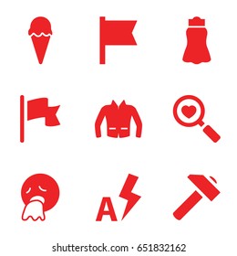 Collection icons set. set of 9 collection filled icons such as skirt, jacket, hummer, vomiting emot, heart search, auto flash, flag