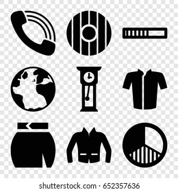 Collection icons set. set of 9 collection filled icons such as globe, jacket, skirt, call, brightness, pendulum, shield