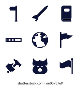 Collection icons set. set of 9 collection filled icons such as pig, globe, hummer, flag, photo album, rocket bomb