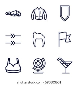 collection icons set. Set of 9 collection outline icons such as alligator, globe, man hairstyle, Cocktail, sport bra, jacket, flag, arrow