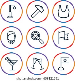Collection icons set. set of 9 collection outline icons such as man hairstyle, cocktail, sport bra, hummer, street lamp, heart search, wine glass