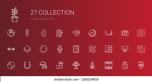 collection icons set. Collection of collection with backgammon, startup, airplane, flowers, mushrooms, horseshoe, tennis ball, closet. Editable and scalable icons.