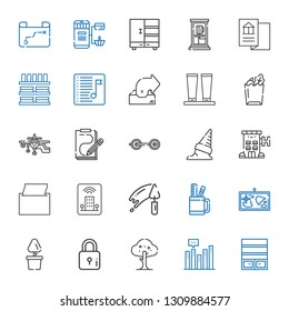 collection icons set. Collection of collection with bookshelf, bar chart, tree, lock, plant, map, pencil case, trowel, hotel, napkin, ice cream. Editable and scalable icons.