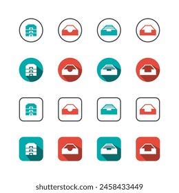 Colección de iconos, de color plano con sombras. Conjunto de iconos de línea fina. Ilustración vectorial plana
