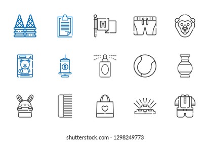 collection icons set. Collection of collection with kid, gold, shopping bag, comb, bunny, vase, tennis, perfume, funds, toy, gorilla, shorts. Editable and scalable icons.