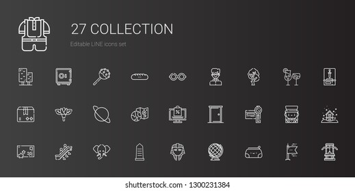 collection icons set. Collection of collection with pencil case, earth globe, egyptian, egypt, elephant, escalator, postcard, camcorder. Editable and scalable icons.