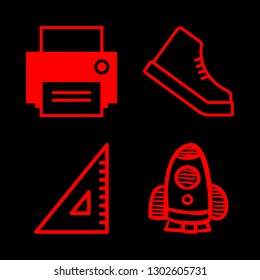 collection icons set with triangular ruler, toy rocket hand drawn space ship and print vector set