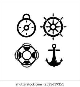 collection of icons for ships, anchors, ship's steering wheel, buoy, compass vector illustration