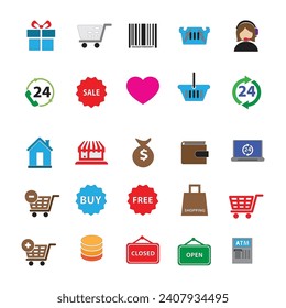 collection of icons for shopping, discounts, money. isolated white background. vector illustration.