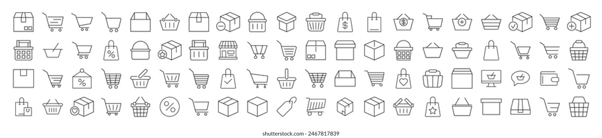 Collection of icons of Shops, Stores, Shopping Cart and Shopping Basket for Advertisement. Suitable for books, stores, shops. Editable stroke in minimalistic outline style. Symbol for design 