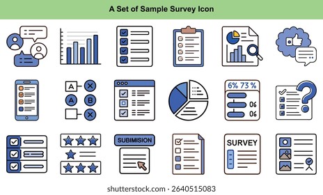 A collection of icons showcases forms, charts depicting analysis, various percentage displays, and rating systems; it comprehensively covers data processing and evaluation.