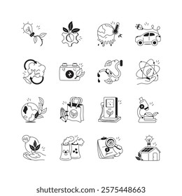 A collection of icons showcasing various aspects of environmental sustainability and green initiatives
